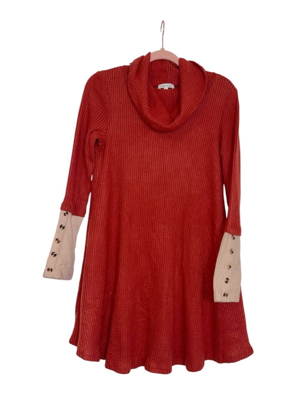 white birch Rust/marsala Cowl Neck Sweater Dress with Cream Cuff, sz small, NEW